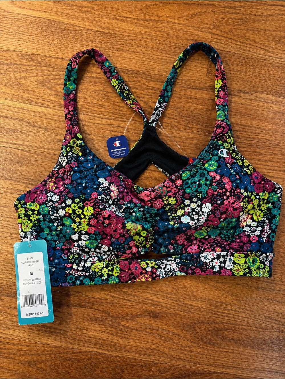 Champion Floral Sports Bikini Top — Black with Pink, Green & Blue Flowers
